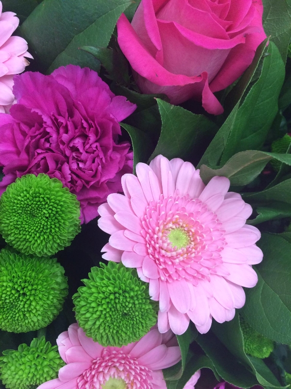Lovely mix of mint green and raspberry pink colours including roses, germini and chrysanthemum. 