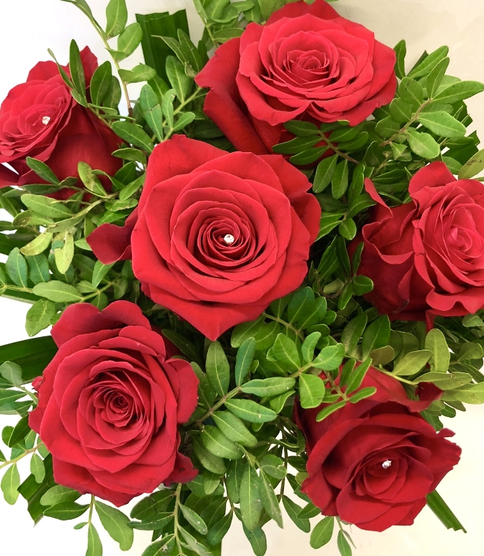 Red rose bouquet displayed in a glass vase with zero plastic. 