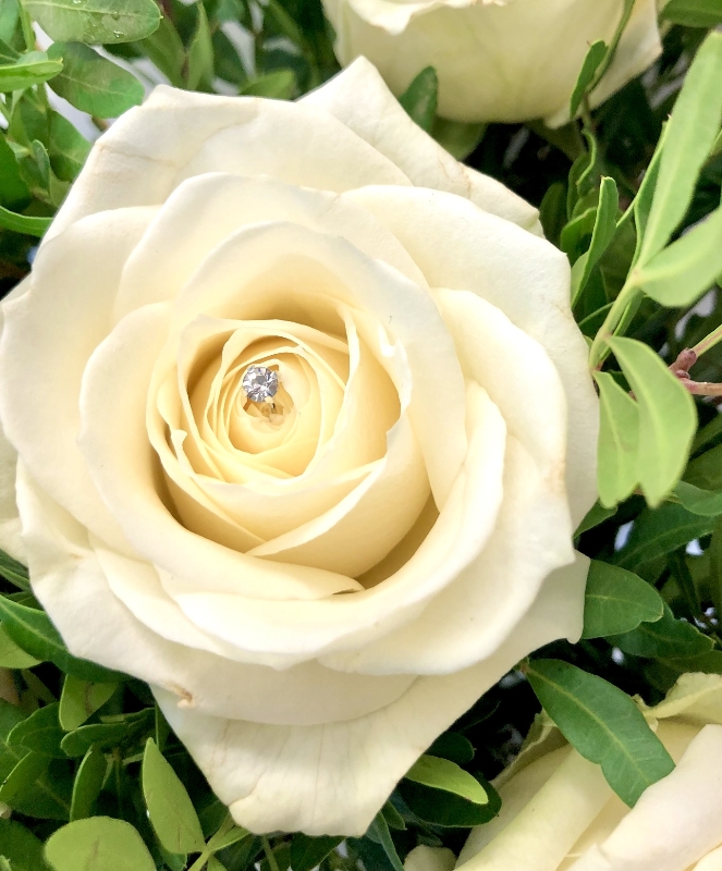 White rose bouquet displayed in a glass vase with zero plastic. 