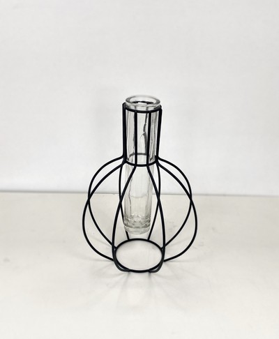 Black metal wire geometric bulb shaped vase. 