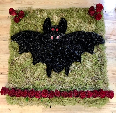 Bat funeral tribute created with moss background and sprayed black chrysanthemum finished with wired detailing. 