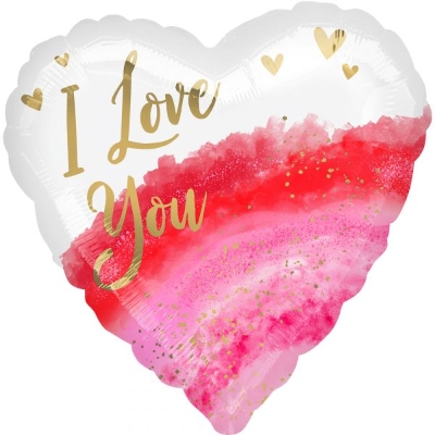 18 Inch foil heart balloon, with 'I Love You' script and finished with a water colour effect in pink and red. 