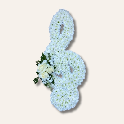 Treble clef funeral tribute with white chrysanthemum base and customisable focal flower