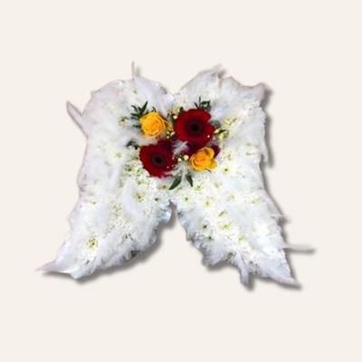 Angel wing funeral tribute with feather detailing and customisable floral focal point