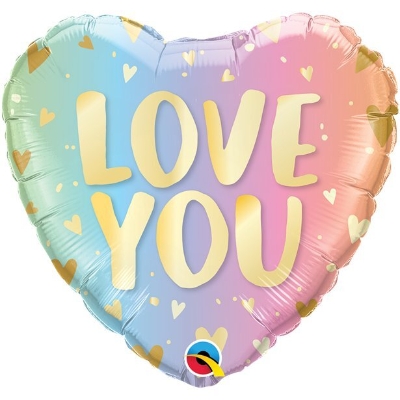 18 Inch foil balloon with a pastel rainbow design and 'I Love You' Script. 