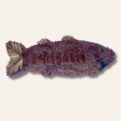 Carp fish funeral tribute with spray-painted detailing, palm leaf fins and tail, designed for fishing enthusiasts.
