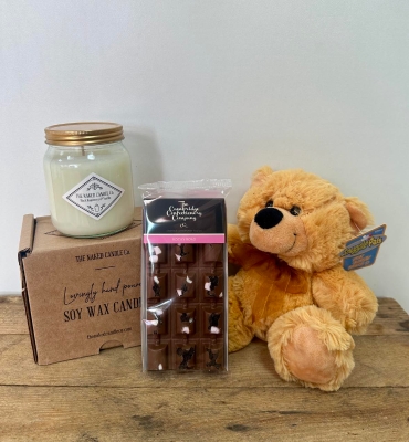 Gift Bundle including - 1 x Luxury Candle  1 x Chocolate Bar and  1 x Cuddly Teddy