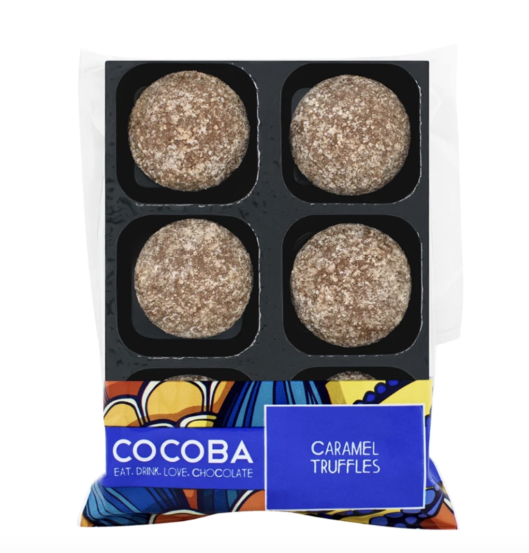 Tray of 6 liquid caramel cocoba truffles coated in sugar. 