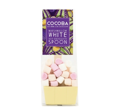 White cocoba hot chocolate spoon with marshmallow's. 