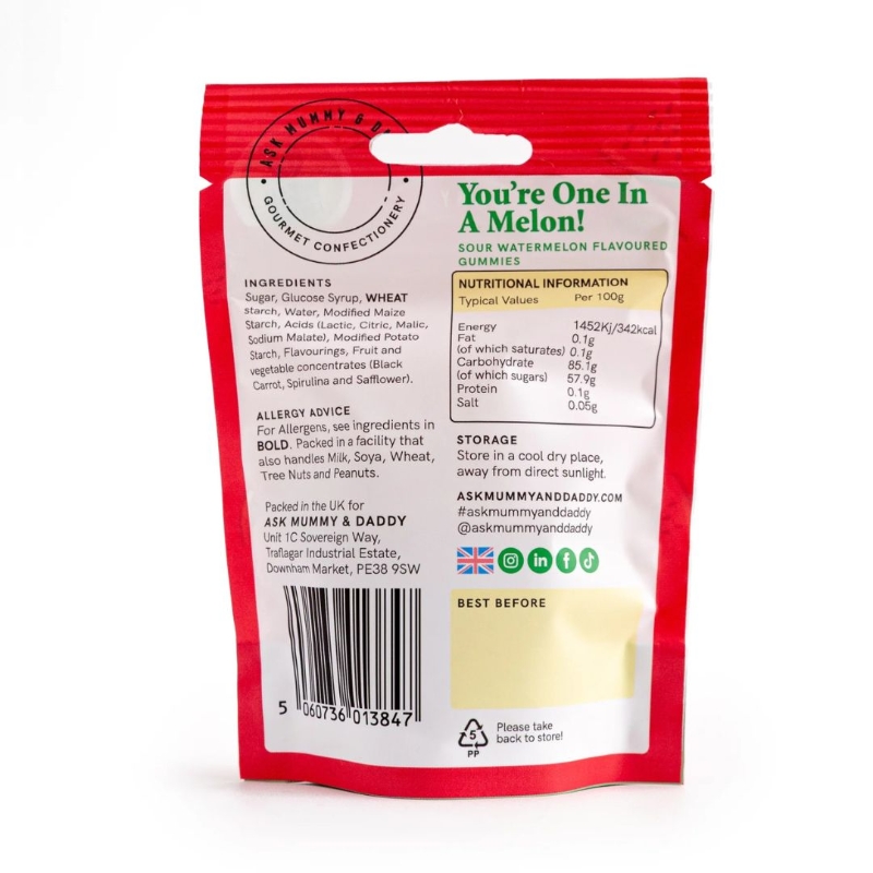 Ask Mummy & Daddy “You’re One In A Melon” vegan sour melon slice sweets in a red gift pouch.