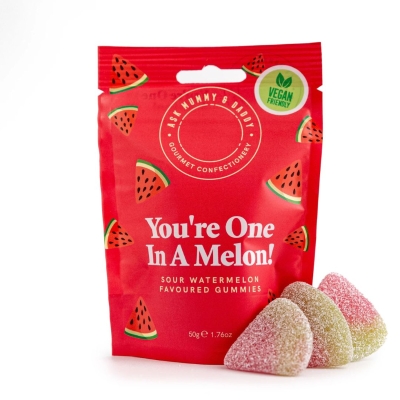 Ask Mummy & Daddy “You’re One In A Melon” vegan sour melon slice sweets in a red gift pouch.