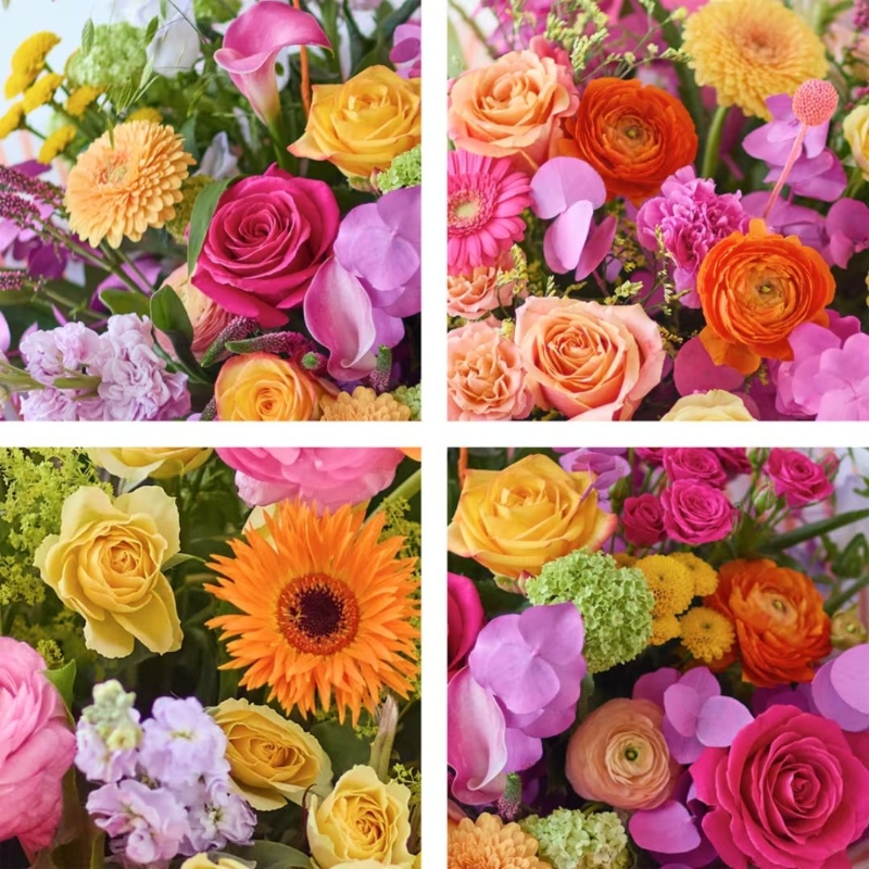 Bright colourful hand-tied bouquet with mixed seasonal florist’s choice florals in pink, yellow, orange and purple tones.