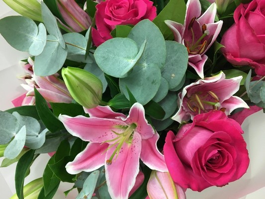 Hand tied of pink lily and rose, finished with scented eucalyptus. 