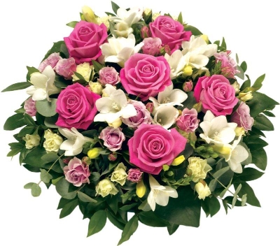 Pink and white rose funeral posy with touches of scented freesia. 