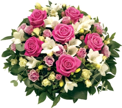 Pink and white funeral posy with mixed seasonal flowers and lush foliage, creating a delicate and fragrant tribute