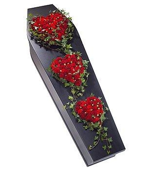 Trio of luxury red rose heart funeral tributes, ideal as a gift from three generations. 