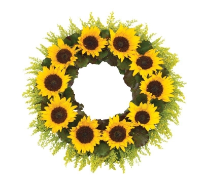 Full yellow sunflower funeral wreath with additional solidago and foliage. 