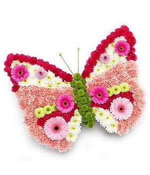 Beautiful mixed floral butterfly funeral tribute including carnation, chrysanthemum and germini. 