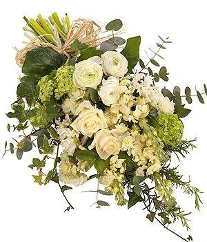 Natural funeral spray with stocks, roses, chrysanthemums, eucalyptus, and a hessian bow.