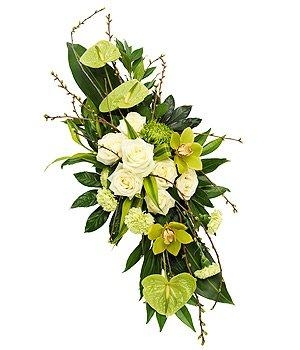 White and green double-ended spray with grouped seasonal blooms in a modern style.