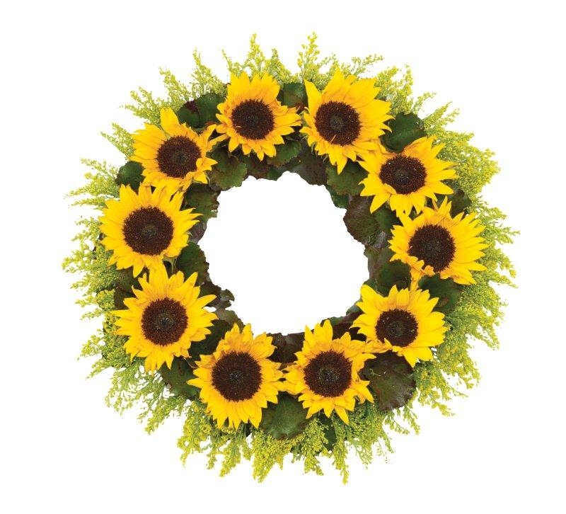 Bright sunflower funeral wreath with yellow solidago and mixed seasonal foliage, symbolizing warmth and remembrance.
