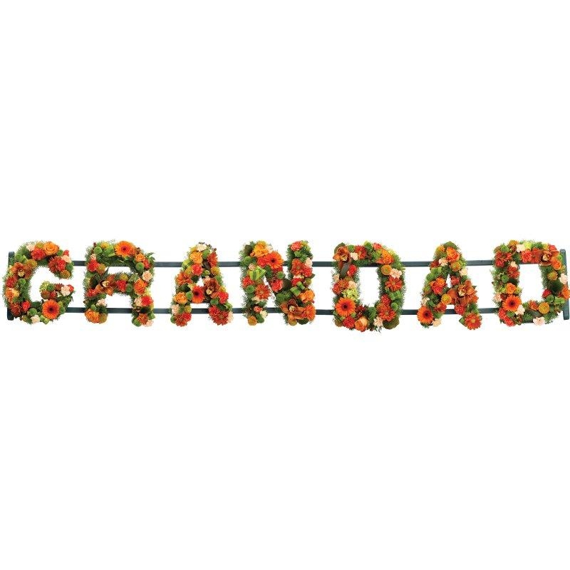 Grandad lettering in mixed orange, bronze and green tones including roses, germini and carnations. 