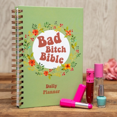Bad Bitch Bible daily planner with rose gold foil cover, spiral binding, stickers and mirror – fun stationery gift available from Flowers by Bethany Manchester.