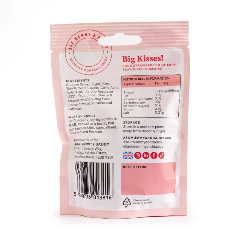 Ask Mummy & Daddy “Big Kisses” fizzy cherry and strawberry vegan gummy lips in a pink gift pouch.