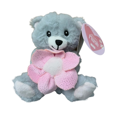 Small plush sitting teddy bear holding a pink flower – available in grey or light brown – Flowers by Bethany gift add-on
