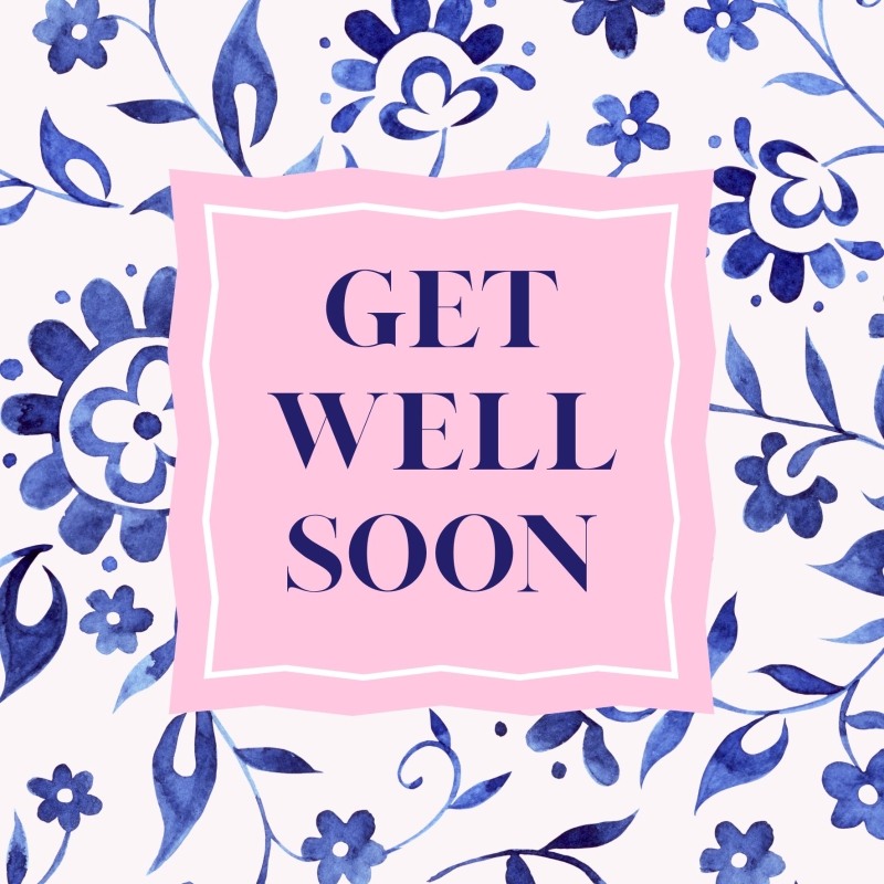 Get Well Soon card with blue floral pattern and pink centre panel.