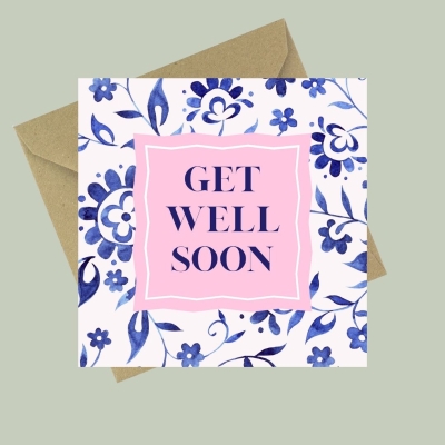 Get Well Soon card with blue floral pattern and pink centre panel.