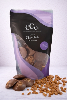 Cambridge Confectionery Company large milk chocolate buttons with toffee and sea salt – 130g bag stocked by Flowers by Bethany.