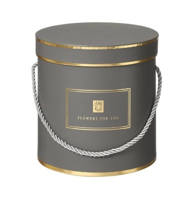 Grey Hamilton hat box with gold detailing and rope handles. 