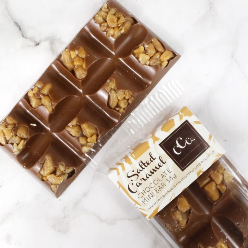 Cambridge Confectionery Company mini salted caramel milk chocolate bar with caramel pieces and sea salt.