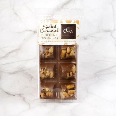 Cambridge Confectionery Company mini salted caramel milk chocolate bar with caramel pieces and sea salt.