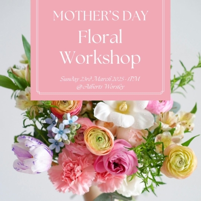 A Mother's Day Floral workshop, come and create a beautiful spring hat box arrangement, whilst enjoying a welcome glass of fizz at 1PM, 23rd March 2025 at Albert's Worsley. 