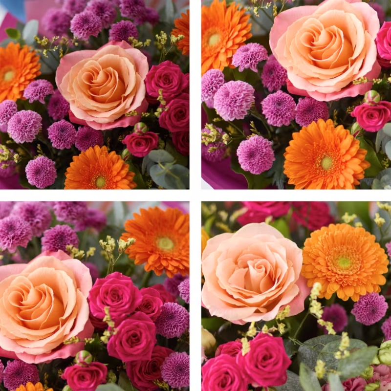Petite hand-tied bouquet with mixed seasonal florist’s choice florals in peach, pink and orange tones, presented in a patterned gift box.