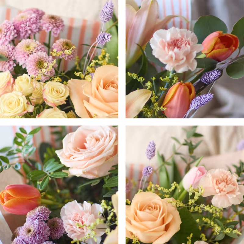 Sweet Apricot hand-tied bouquet featuring seasonal peach, blush and pastel florals with soft texture and natural movement, wrapped in luxury packaging by Flowers by Bethany.