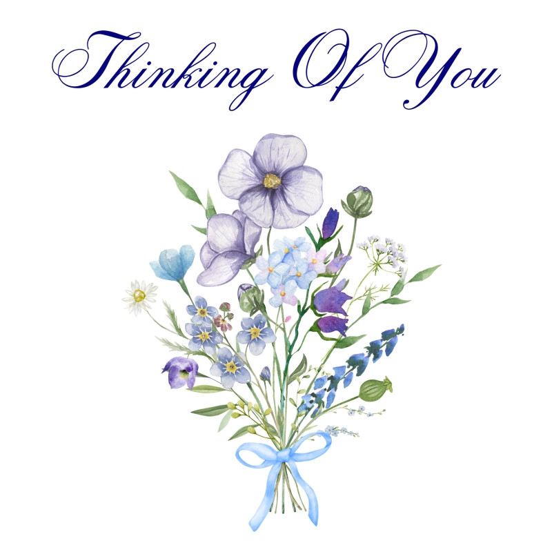 Thinking Of You card with a delicate blue and purple floral bouquet and ribbon.