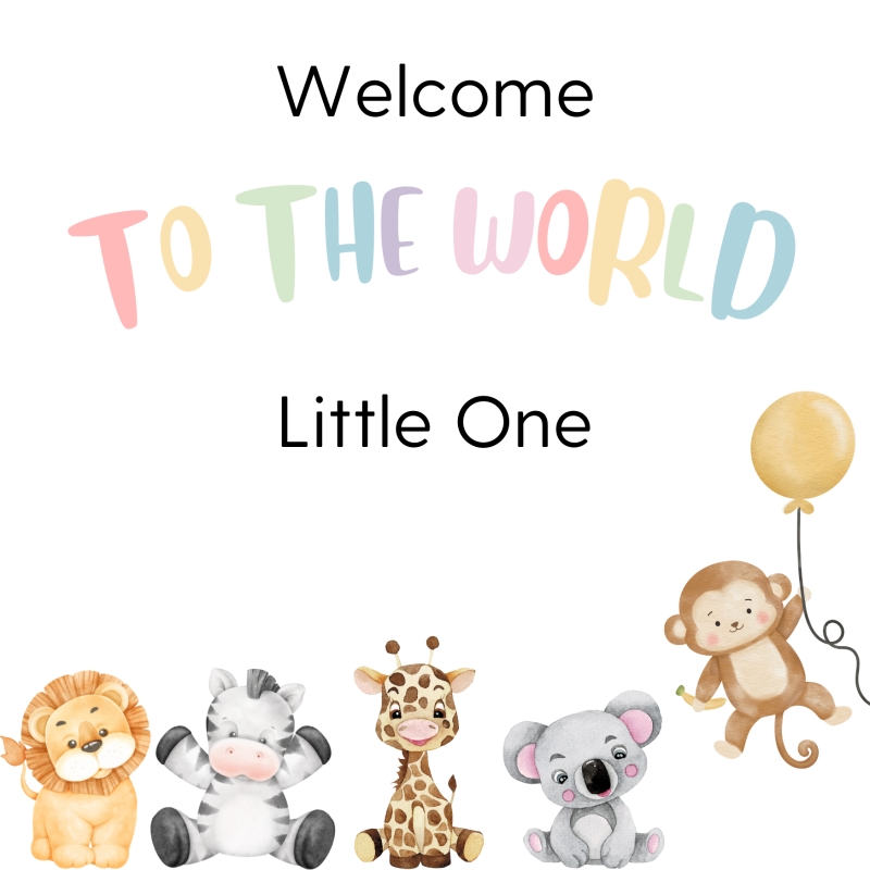 Welcome to the World new baby card with pastel lettering and cute safari animal graphics.