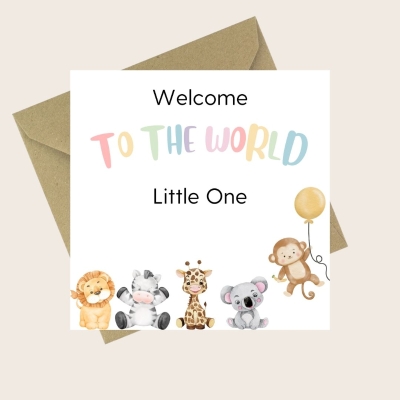 Welcome to the World new baby card with pastel lettering and cute safari animal graphics.