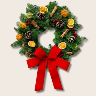 Traditional door wreath with pinecones, cinnamon, fruit slices and a luxury red velvet bow. 