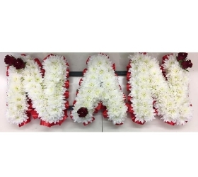 NAN funeral tribute created with white chrysanthemum and red ribbon edge and focal. 