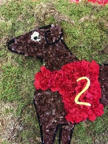 Racing dog funeral tribute with moss background and pipe cleaner detailing. 