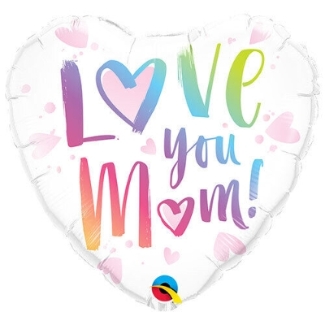 18 Inch Foil Heart Balloon. White and pink design with pastel rainbow 'Love You Mom' Script. 