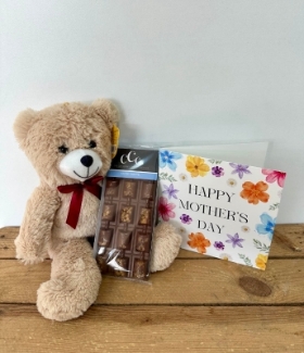 Sweet Mum' Gift Bundle Includes - 1 x Bespoke Mother's Day Card,  1 x Cuddly Teddy Bear,  1 x Chocolate Barrel Bar. 