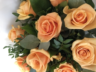 A gorgeous bouquet of 9 peach roses wrapped in cellophane in water. 