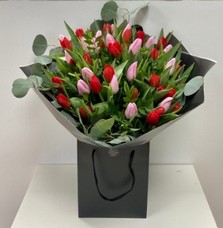 Bouquet of mixed red and pink tulips, accented with foliage and loose populous eucalyptus, wrapped in luxury cellophane and presented in a matching gift bag, hand-tied in water.