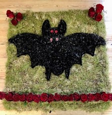 Bat funeral tribute created with moss background and sprayed black chrysanthemum finished with wired detailing. 