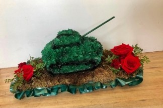 Detailed 3D Army Tank funeral tribute finished with cannon and red rose focal flowers.